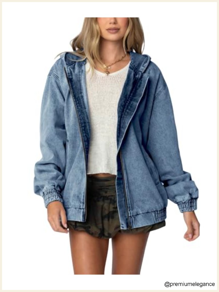 Womens Hooded Denim Jacket Zip Up Jean Hoodie Trench Coat Casual Loose Bomber